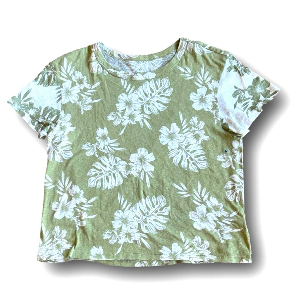 American Eagle olive green & white foliage & floral print top